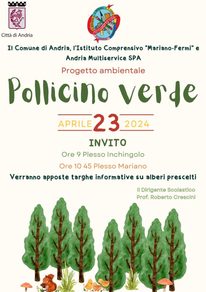 Locandina invito alla manifestazione del progetto ambientale "Pollicino Verde" del 23 aprile 2024