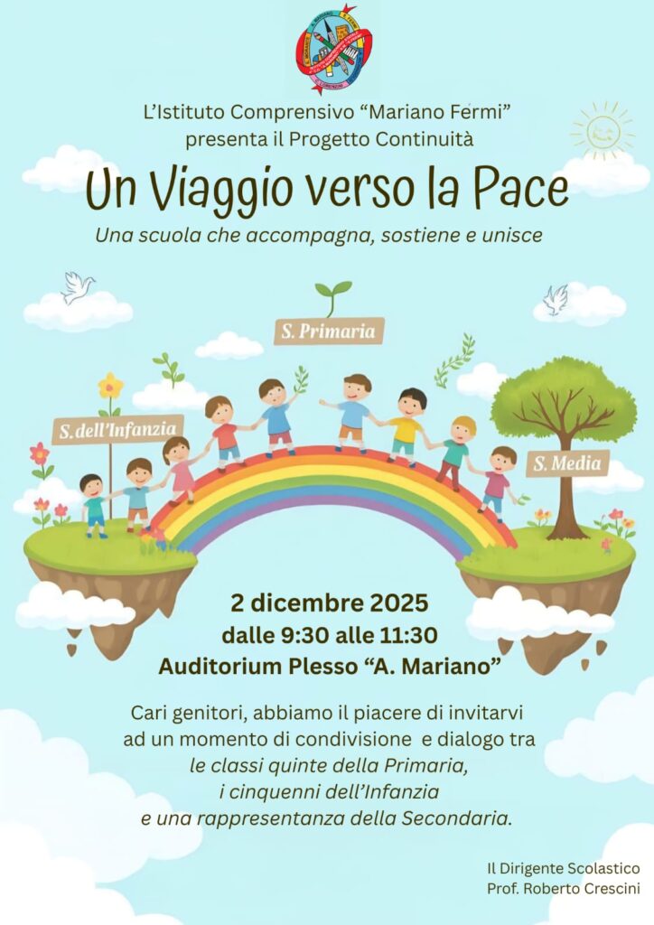 Locandina evento progetto continuità 2025/26 dal titolo "Un viaggio verso la pace".